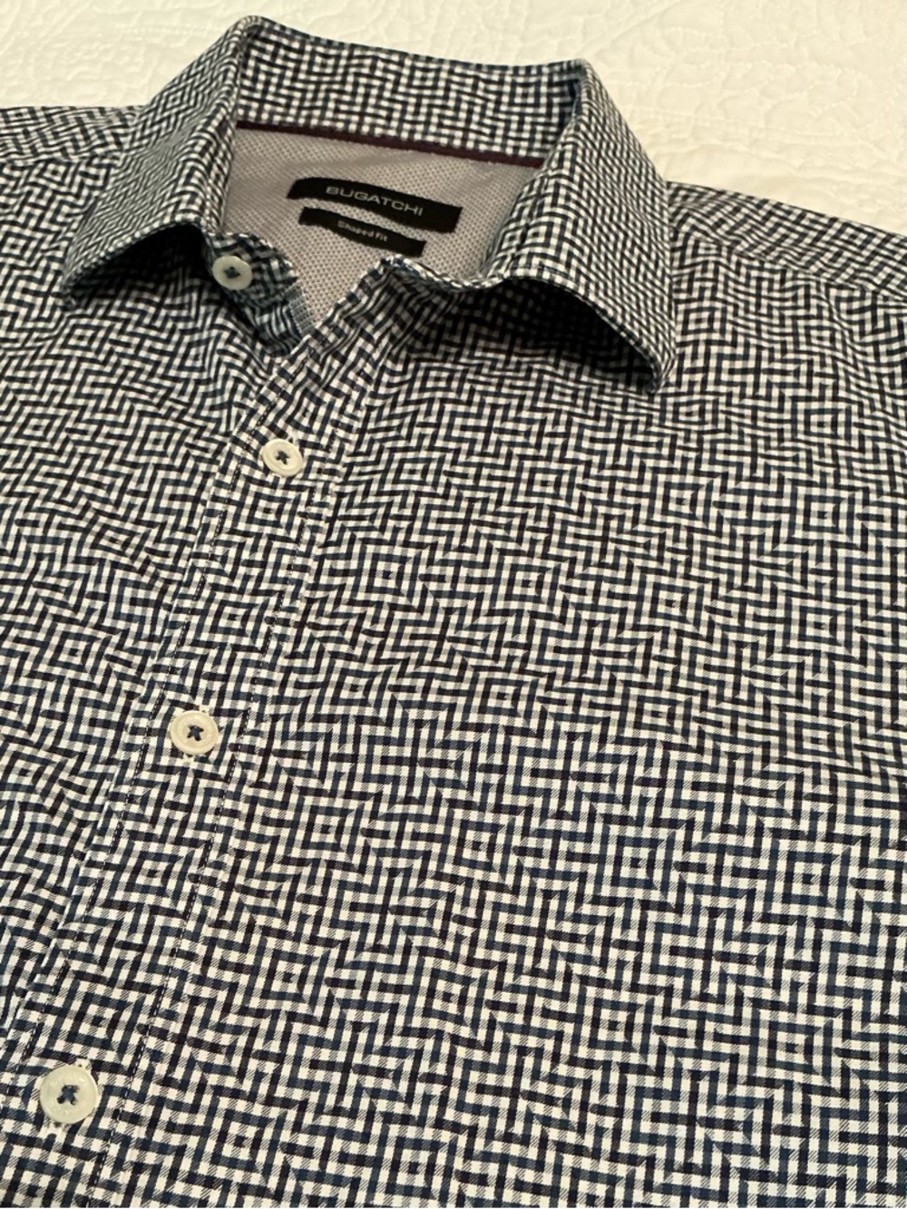Bugatchi Men's M Shaped Fit Navy, Blue & White Geometric Print Button Down Shirt